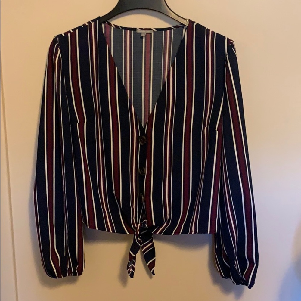 Striped button up women’s blouse with tie